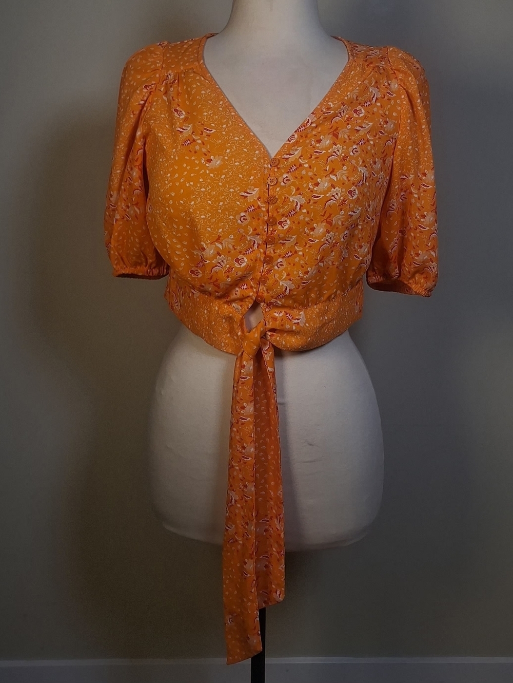 Joie Short Sleeve Tie Waist Cropped Puff Sleeve Blouse Size